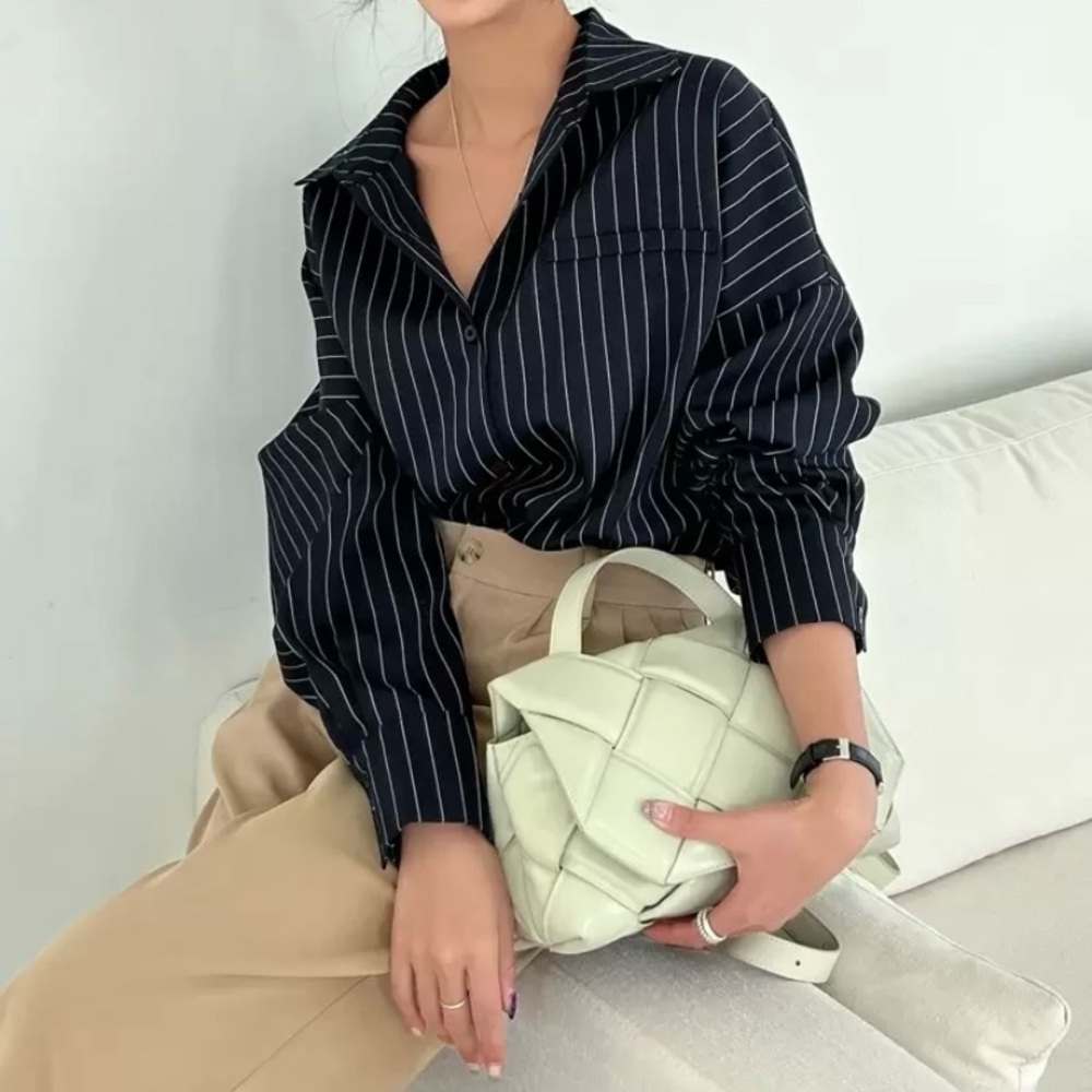 Black Pinstripe Blouse with Cream Woven Bag